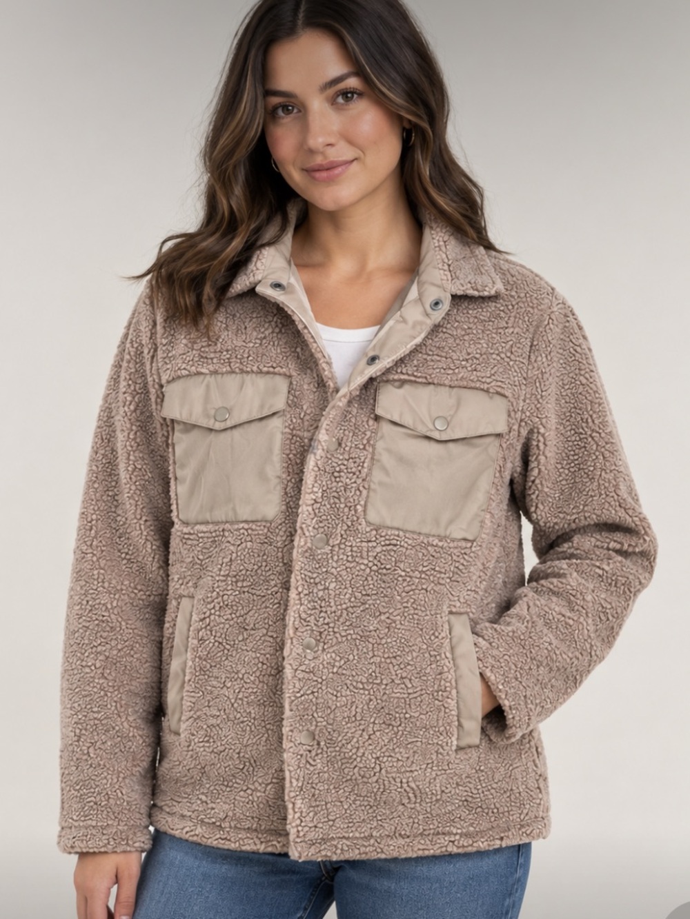GAP Beige/Tan Sherpa Shirt Jacket with Patch Pockets